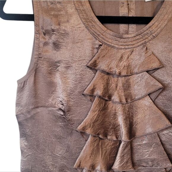 Vintage Odille Anthropologie Women's Twee Brown Satin Ruffle Blouse Size 4 - Picture 3 of 6
